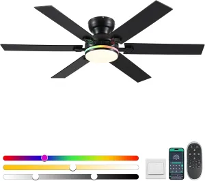 52" RGB Ceiling Fans with Lights and Remote/APP,Black Low Profile Ceiling Fans with Quiet Reversible DC Motor,Modern Flush Mount Fans Light for Bedroom Kids Room App-controlled remote fan for convenience