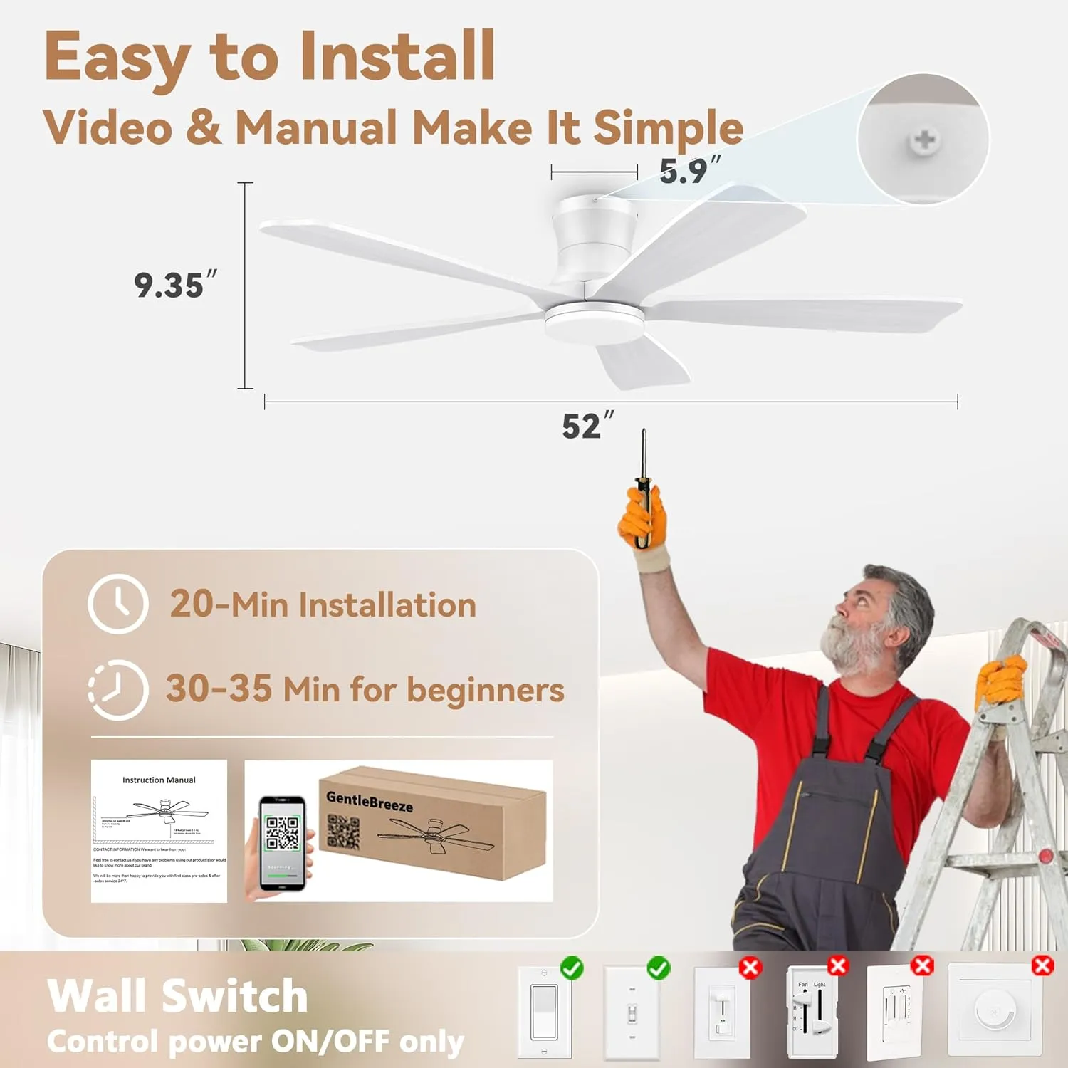 52" Wood Smart Low Profile Ceiling Fans with Lights Remote,Control via WIFI Alexa Google App,Quiet DC Motor,Outdoor Indoor Flush Mount Ceiling Fan for Modern Bedroom Patio Porch,White