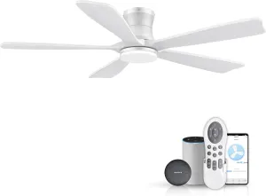 52" Wood Smart Low Profile Ceiling Fans with Lights Remote,Control via WIFI Alexa Google App,Quiet DC Motor,Outdoor Indoor Flush Mount Ceiling Fan for Modern Bedroom Patio Porch,White App-controlled remote fan for convenience