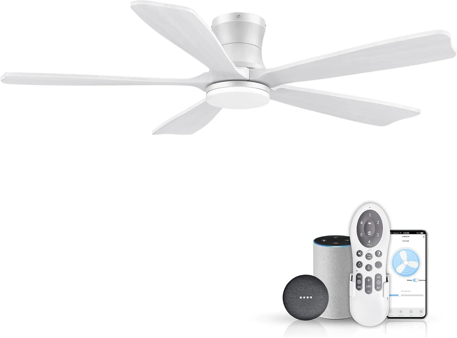 52" Wood Smart Low Profile Ceiling Fans with Lights Remote,Control via WIFI Alexa Google App,Quiet DC Motor,Outdoor Indoor Flush Mount Ceiling Fan for Modern Bedroom Patio Porch,White App-controlled remote fan for convenience