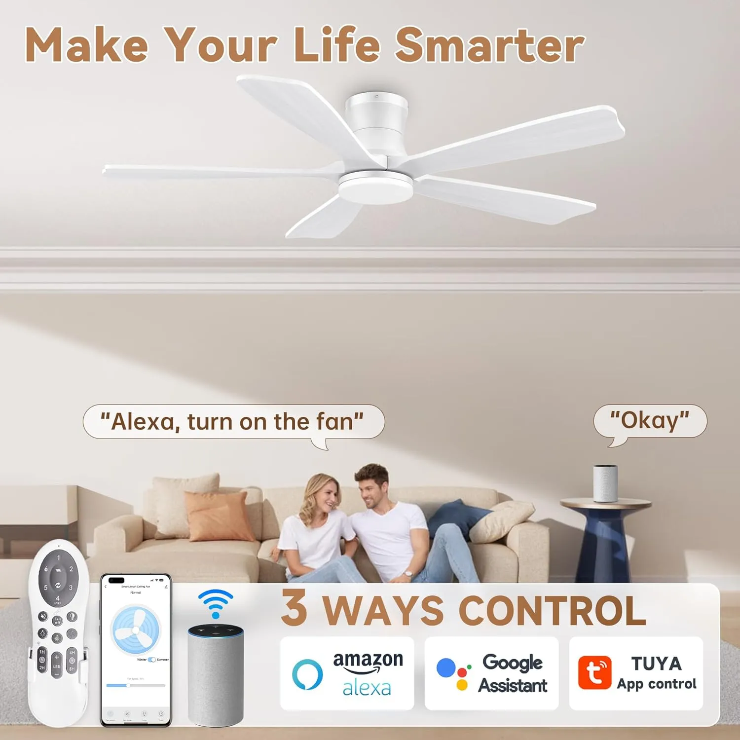 52" Wood Smart Low Profile Ceiling Fans with Lights Remote,Control via WIFI Alexa Google App,Quiet DC Motor,Outdoor Indoor Flush Mount Ceiling Fan for Modern Bedroom Patio Porch,White
