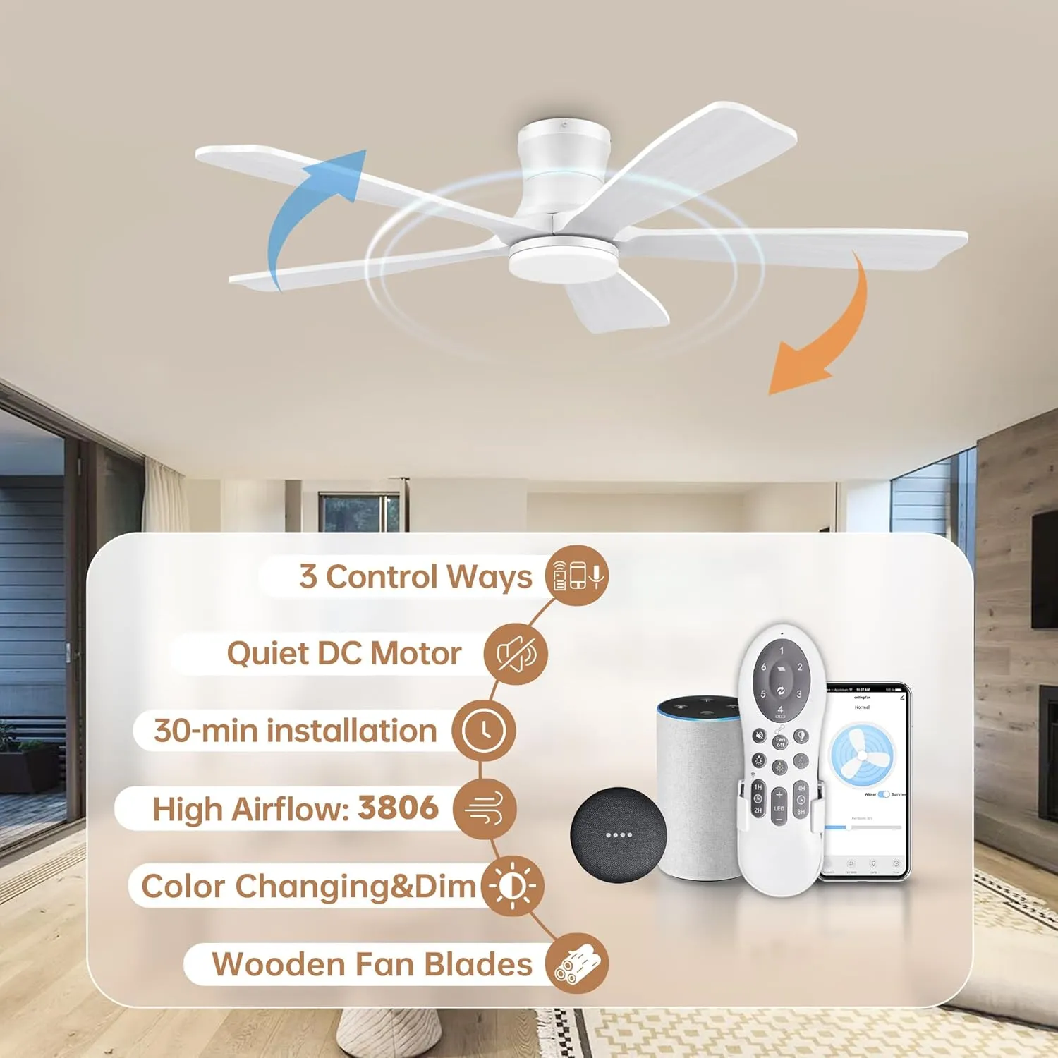52" Wood Smart Low Profile Ceiling Fans with Lights Remote,Control via WIFI Alexa Google App,Quiet DC Motor,Outdoor Indoor Flush Mount Ceiling Fan for Modern Bedroom Patio Porch,White