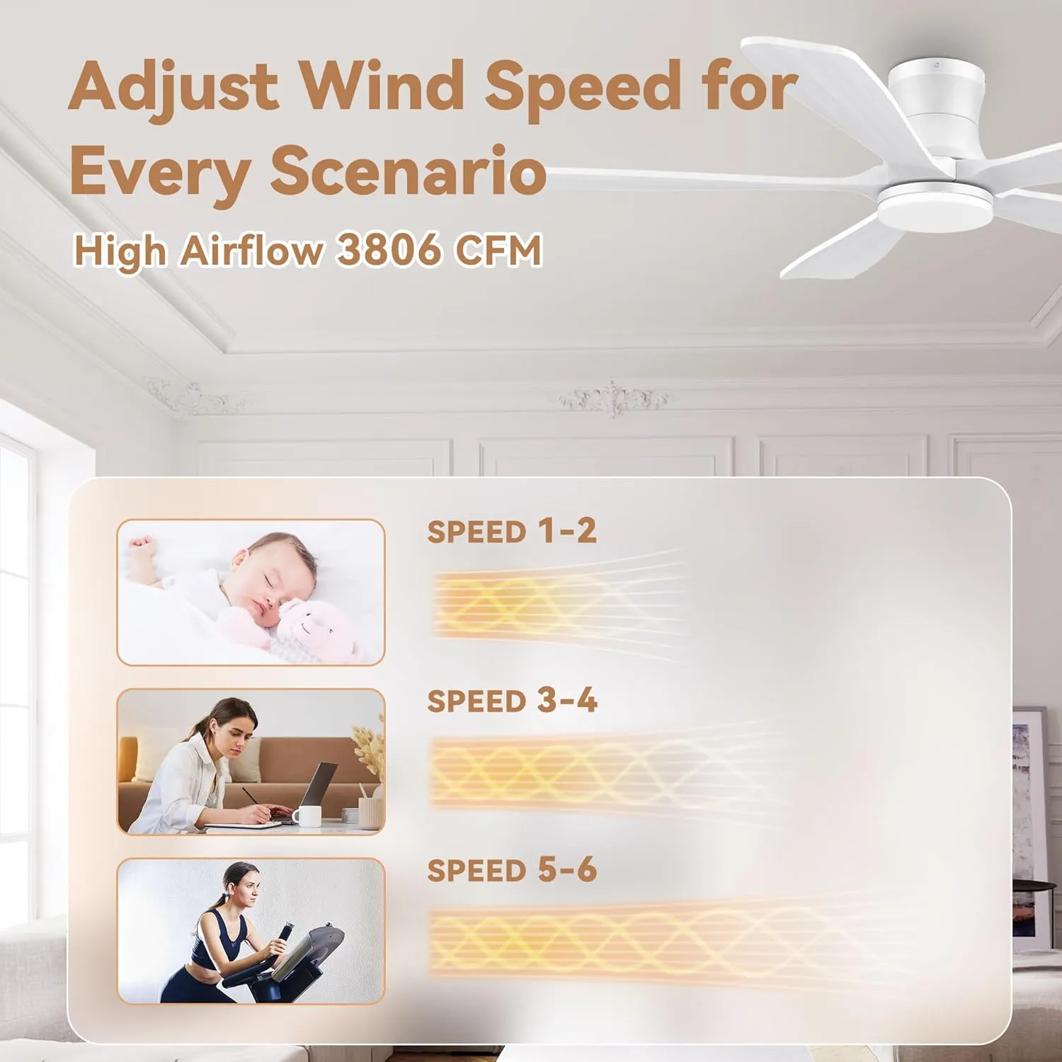 52" Wood Smart Low Profile Ceiling Fans with Lights Remote,Control via WIFI Alexa Google App,Quiet DC Motor,Outdoor Indoor Flush Mount Ceiling Fan for Modern Bedroom Patio Porch,White