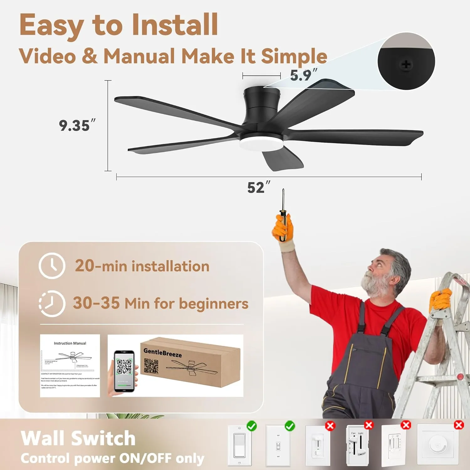 52"Wood Smart Flush Mount Ceiling Fans with Lights Remote,Control via WIFI Alexa Google App,6 Speed,Quiet DC Motor,Modern Black Outdoor Indoor Low Profile Ceiling Fan for Bedroom Patio Porch