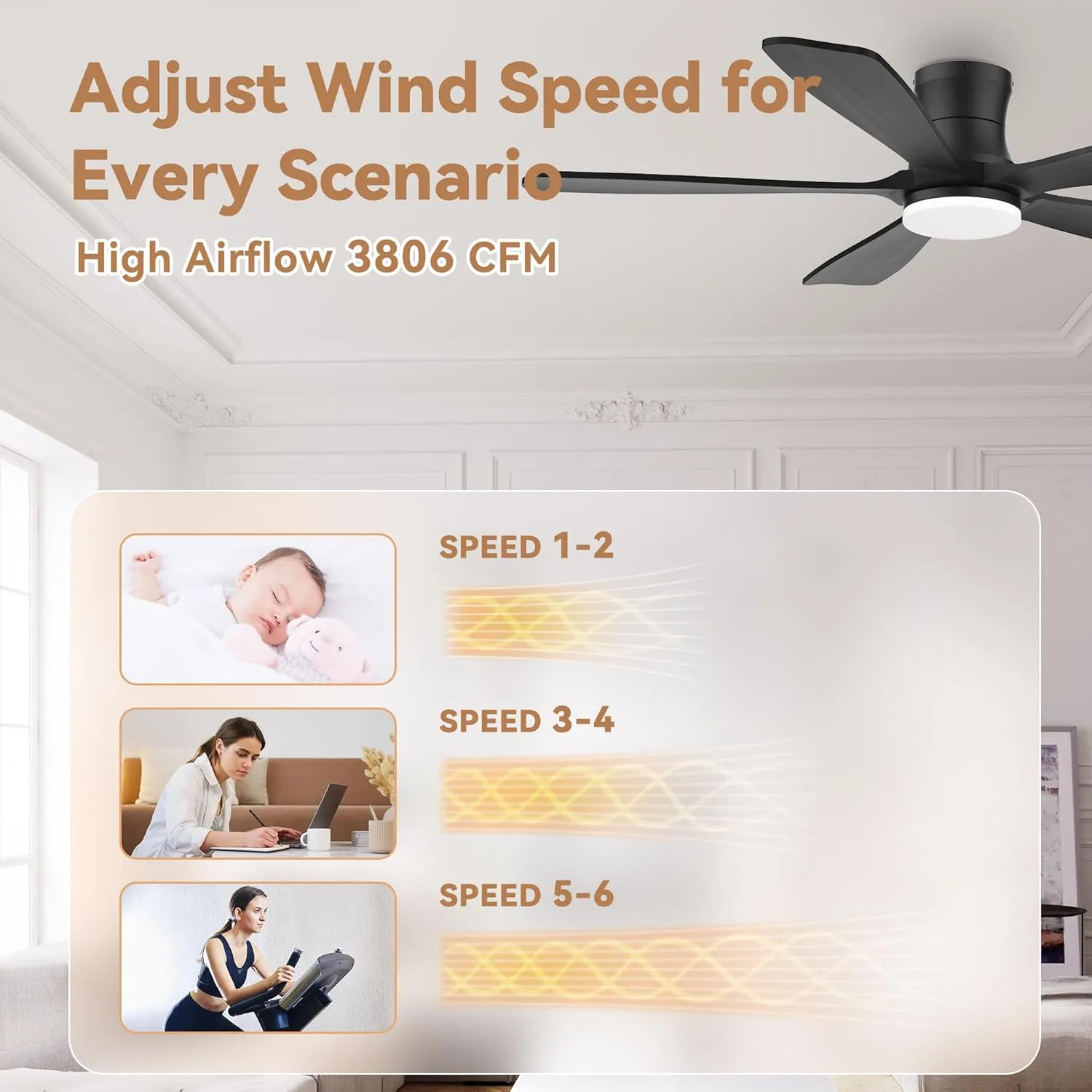52"Wood Smart Flush Mount Ceiling Fans with Lights Remote,Control via WIFI Alexa Google App,6 Speed,Quiet DC Motor,Modern Black Outdoor Indoor Low Profile Ceiling Fan for Bedroom Patio Porch
