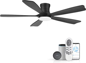 52"Wood Smart Flush Mount Ceiling Fans with Lights Remote,Control via WIFI Alexa Google App,6 Speed,Quiet DC Motor,Modern Black Outdoor Indoor Low Profile Ceiling Fan for Bedroom Patio Porch App-controlled remote fan for convenience