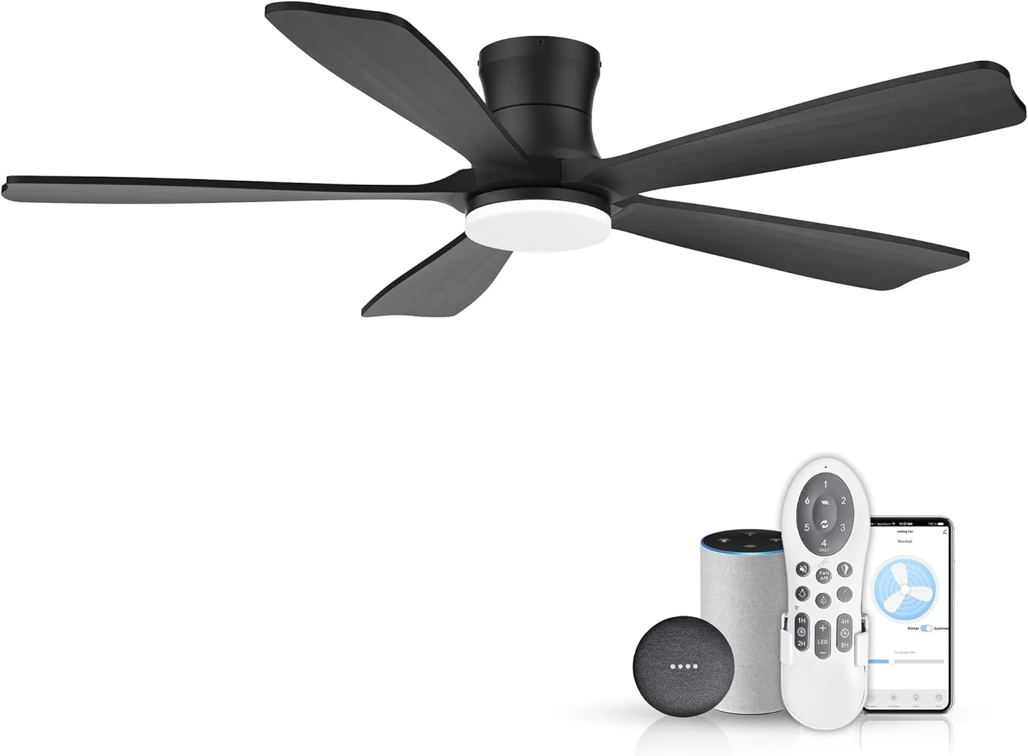 52"Wood Smart Flush Mount Ceiling Fans with Lights Remote,Control via WIFI Alexa Google App,6 Speed,Quiet DC Motor,Modern Black Outdoor Indoor Low Profile Ceiling Fan for Bedroom Patio Porch App-controlled remote fan for convenience
