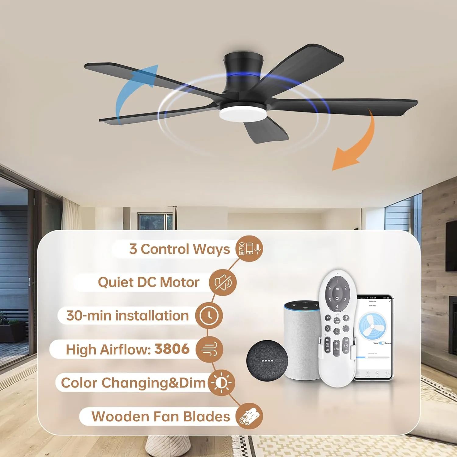 52"Wood Smart Flush Mount Ceiling Fans with Lights Remote,Control via WIFI Alexa Google App,6 Speed,Quiet DC Motor,Modern Black Outdoor Indoor Low Profile Ceiling Fan for Bedroom Patio Porch