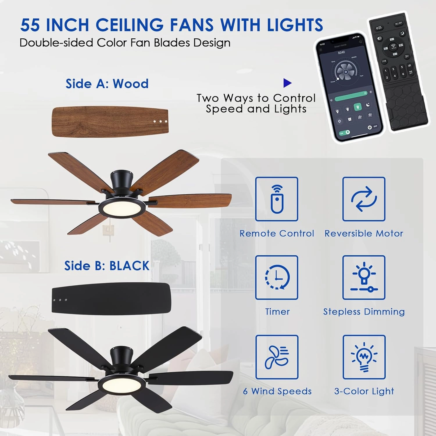 55in Black Flush Mount Ceiling Fan - RGB Low Profile Ceiling Fan Light with Remote-APP, Dimmable and 3CCT, Modern Fan with RGB Light for Indoor and Covered Outdoor