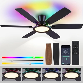 55in Black Flush Mount Ceiling Fan - RGB Low Profile Ceiling Fan Light with Remote-APP, Dimmable and 3CCT, Modern Fan with RGB Light for Indoor and Covered Outdoor App-controlled remote fan for convenience