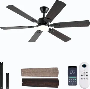 56inch Ceiling Fans with Lights and Remote/App Control, Dimmable LED, Reversible DC Motor, Noiseless, 6 Double-side blades, Modern Low Profile Ceiling Fan for Indoor/Outdoor Use (Brown) App-controlled remote fan for convenience