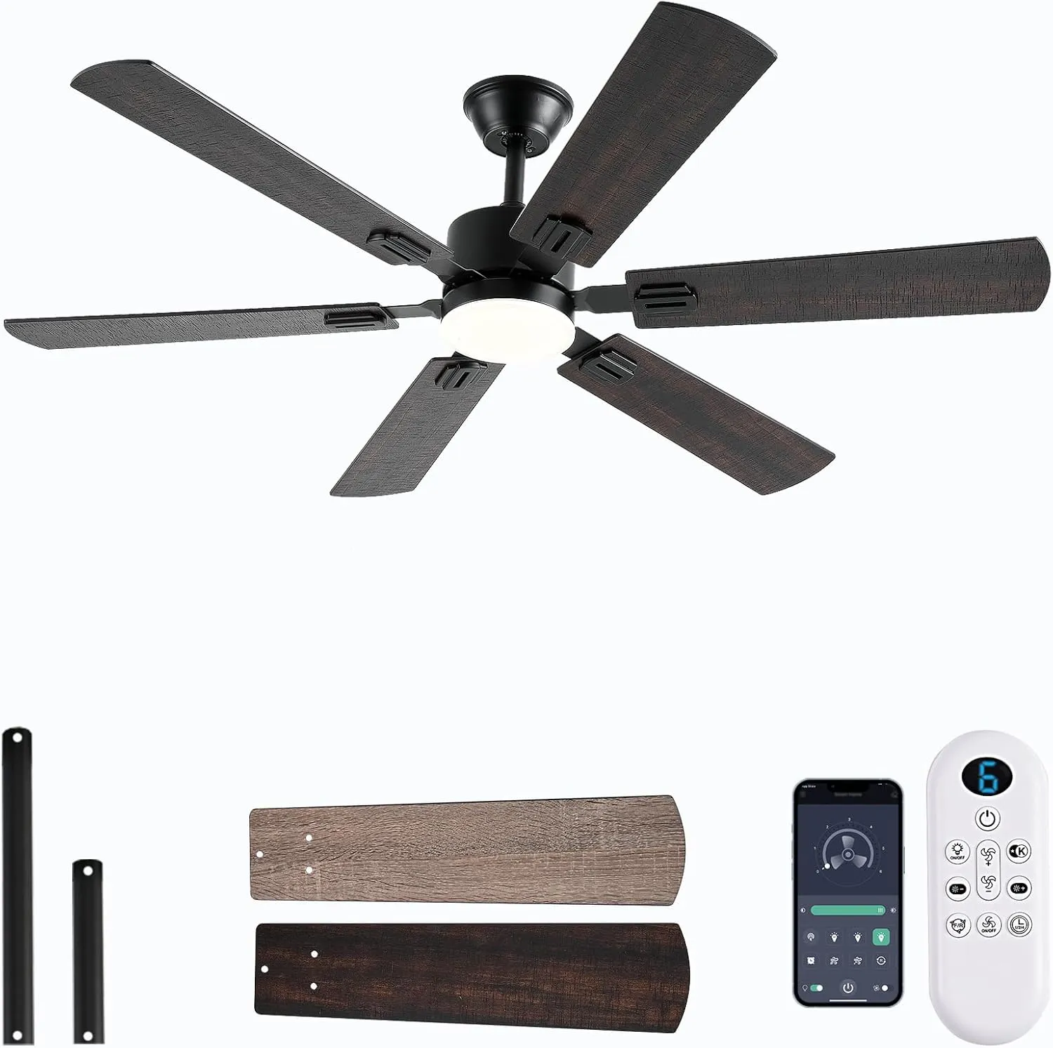 56inch Ceiling Fans with Lights and Remote/App Control, Dimmable LED, Reversible DC Motor, Noiseless, 6 Double-side blades, Modern Low Profile Ceiling Fan for Indoor/Outdoor Use (Brown) App-controlled remote fan for convenience
