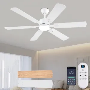 56inch Modern White Ceiling Fans with Lights and Remote/App Control, Dimmable LED, Reversible DC Motor, Noiseless, 6 Double-side Blade Low Profile Ceiling Fan for Livingroom Indoor/Outdoor Use App-controlled remote fan for convenience