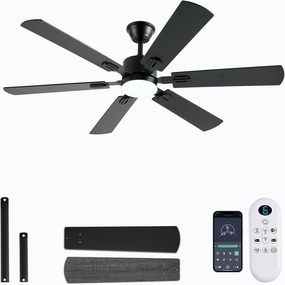 56inch Black Ceiling Fans with Lights and Remote/App Control, Dimmable LED, Reversible DC Motor, Noiseless, 6 Double-Side blades, 6 Speeds Low Profile Ceiling Fan for Indoor/Outdoor Use App-controlled remote fan for convenience