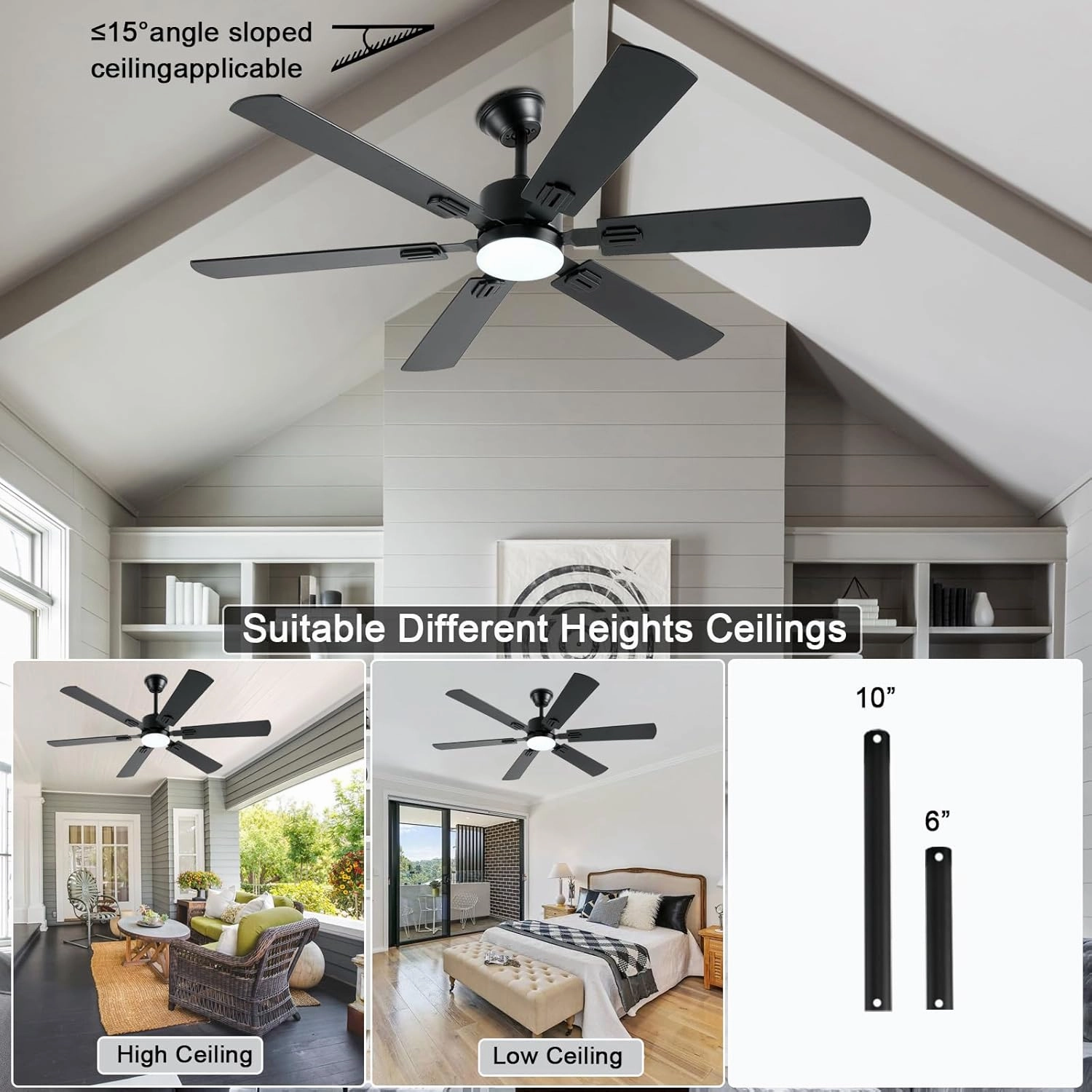 56inch Black Ceiling Fans with Lights and Remote/App Control, Dimmable LED, Reversible DC Motor, Noiseless, 6 Double-Side blades, 6 Speeds Low Profile Ceiling Fan for Indoor/Outdoor Use