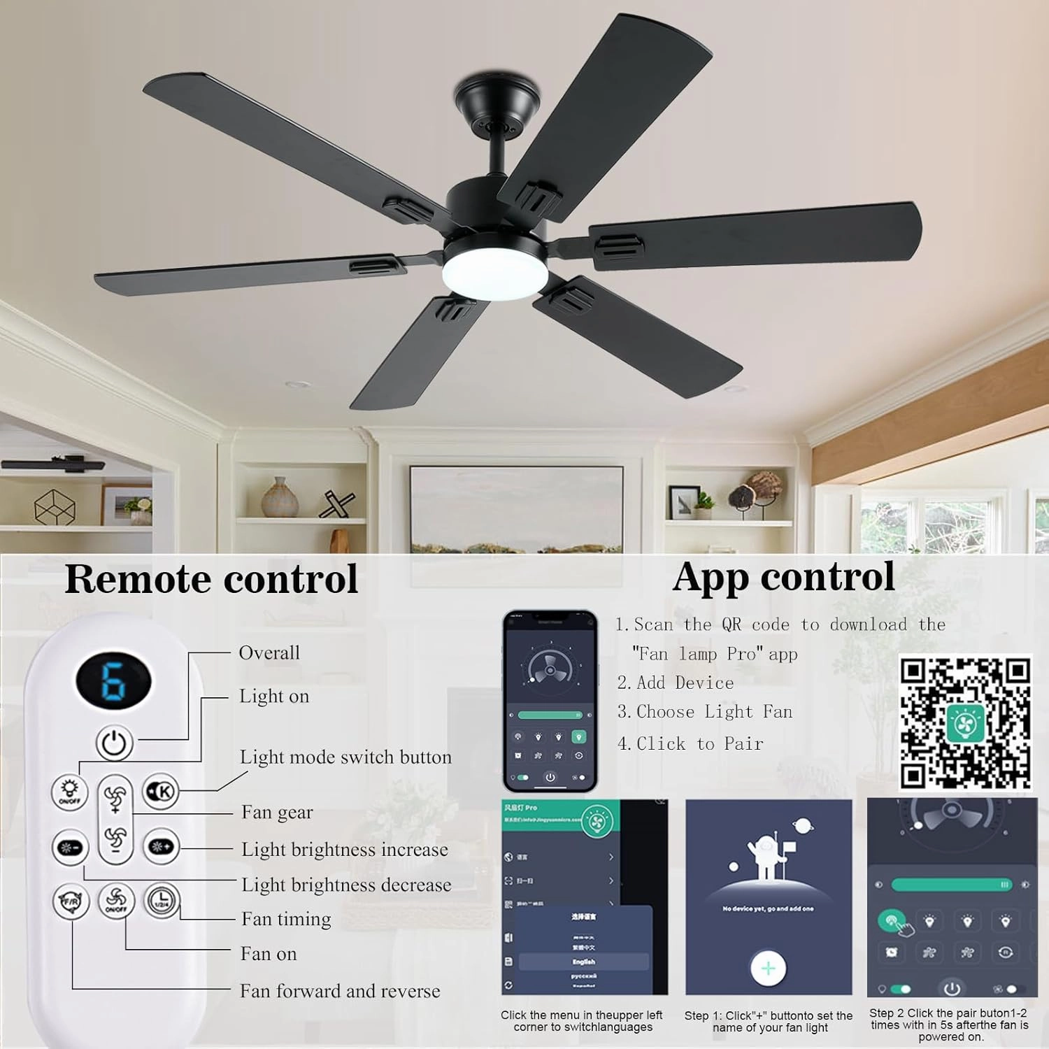 56inch Black Ceiling Fans with Lights and Remote/App Control, Dimmable LED, Reversible DC Motor, Noiseless, 6 Double-Side blades, 6 Speeds Low Profile Ceiling Fan for Indoor/Outdoor Use