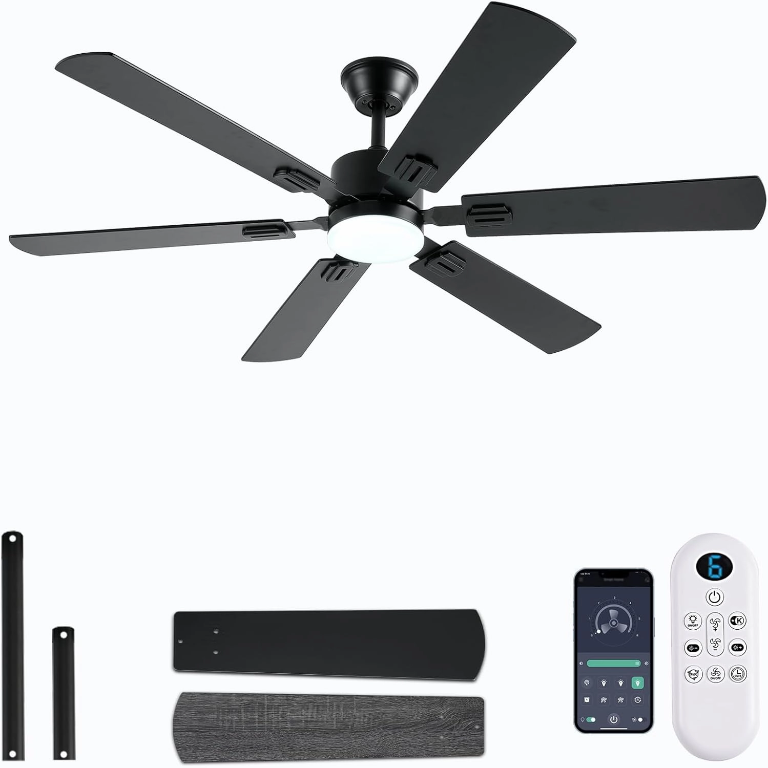 56inch Black Ceiling Fans with Lights and Remote/App Control, Dimmable LED, Reversible DC Motor, Noiseless, 6 Double-Side blades, 6 Speeds Low Profile Ceiling Fan for Indoor/Outdoor Use App-controlled remote fan for convenience
