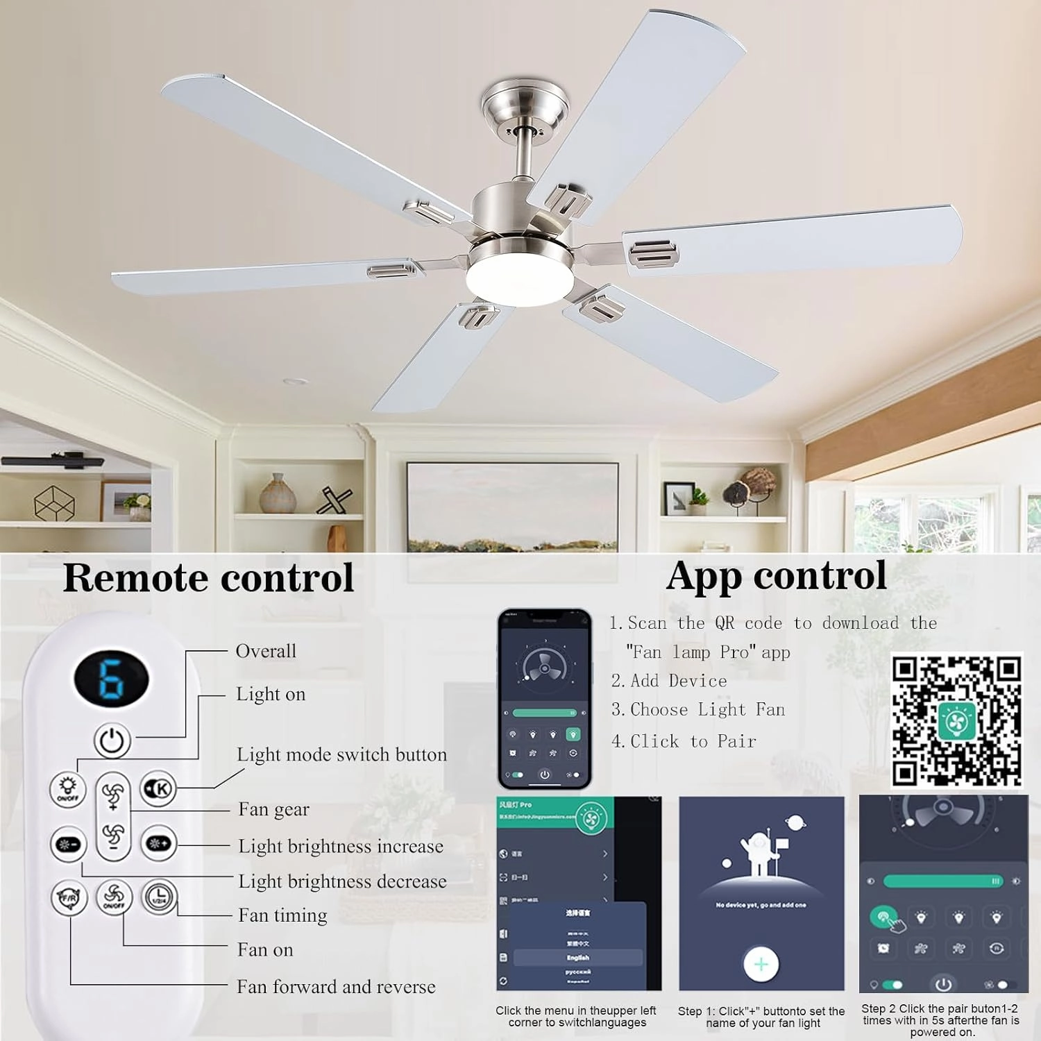 56inch Ceiling Fans with Lights and Remote/App Control, Dimmable LED, Reversible DC Motor, Noiseless, 6 Double-Side blades, 6 Speeds Low Profile Ceiling Fan for Indoor/Outdoor Use Nickel