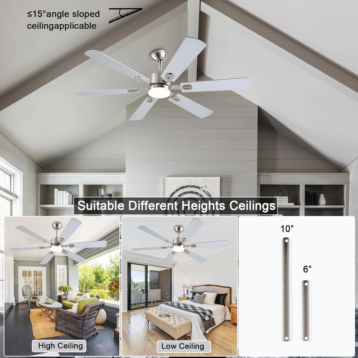 56inch Ceiling Fans with Lights and Remote/App Control, Dimmable LED, Reversible DC Motor, Noiseless, 6 Double-Side blades, 6 Speeds Low Profile Ceiling Fan for Indoor/Outdoor Use Nickel