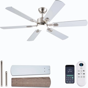 56inch Ceiling Fans with Lights and Remote/App Control, Dimmable LED, Reversible DC Motor, Noiseless, 6 Double-Side blades, 6 Speeds Low Profile Ceiling Fan for Indoor/Outdoor Use Nickel App-controlled remote fan for convenience