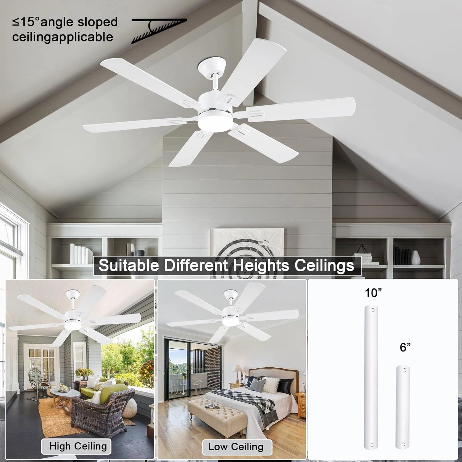 56inch Modern White Ceiling Fans with Lights and Remote/App Control, Dimmable LED, Reversible DC Motor, Noiseless, 6 Double-side Blade Low Profile Ceiling Fan for Livingroom Indoor/Outdoor Use