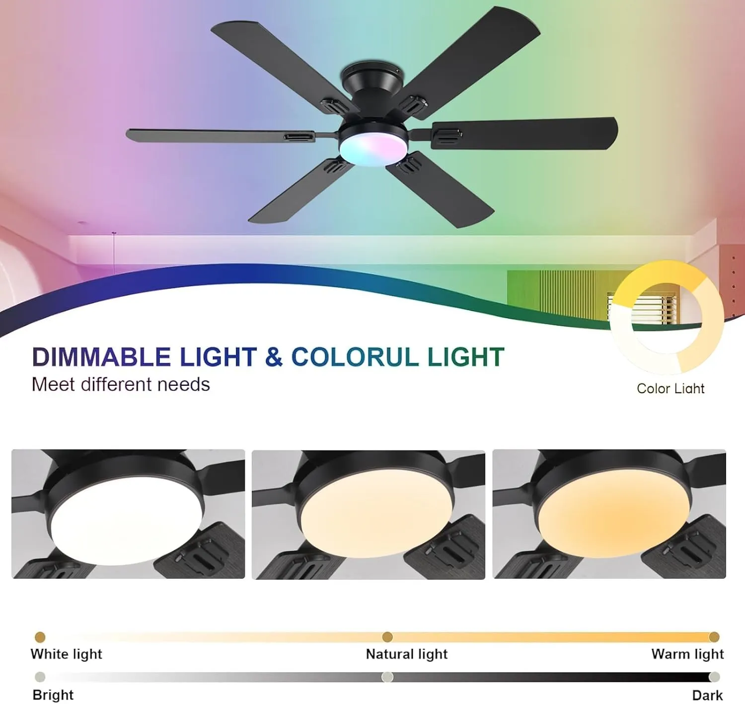 56" RGB Ceiling Fans with Lights - App & Remote Control, Quiet Reversible DC Motor, Flush Mount Double-sided Blades, 3CCT Dimmable, Smart Low Profile Ceiling Fan for Bedroom Kids RoomBlack