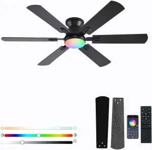 56" RGB Ceiling Fans with Lights - App & Remote Control, Quiet Reversible DC Motor, Flush Mount Double-sided Blades, 3CCT Dimmable, Smart Low Profile Ceiling Fan for Bedroom Kids RoomBlack App-controlled remote fan for convenience