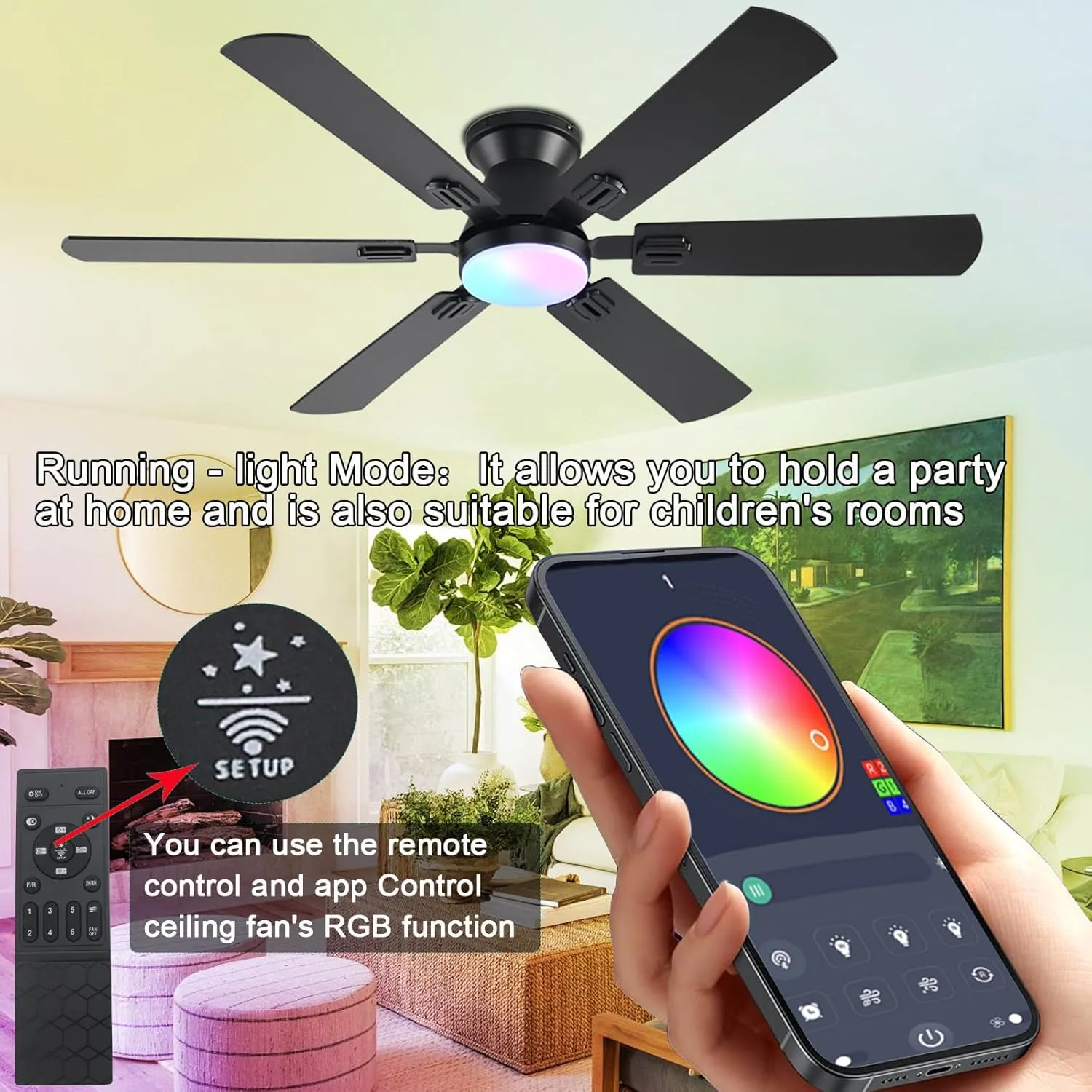 56" RGB Ceiling Fans with Lights - App & Remote Control, Quiet Reversible DC Motor, Flush Mount Double-sided Blades, 3CCT Dimmable, Smart Low Profile Ceiling Fan for Bedroom Kids RoomBlack