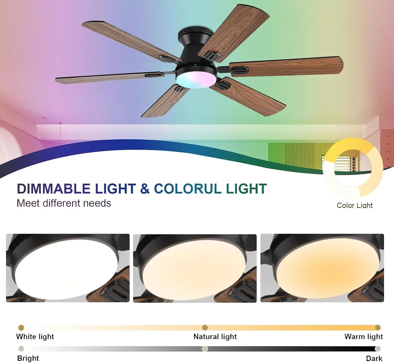 56" RGB Ceiling Fans with Lights - App & Remote Control, Quiet Reversible DC Motor, Flush Mount Double-sided Blades, 3CCT Dimmable, Smart Low Profile Ceiling Fan for Bedroom Kids roomBrown
