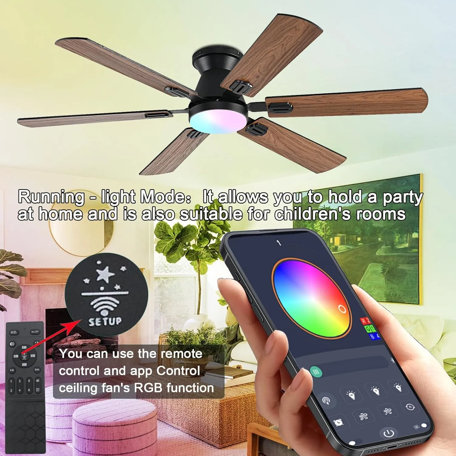 56" RGB Ceiling Fans with Lights - App & Remote Control, Quiet Reversible DC Motor, Flush Mount Double-sided Blades, 3CCT Dimmable, Smart Low Profile Ceiling Fan for Bedroom Kids roomBrown