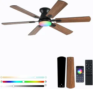 56" RGB Ceiling Fans with Lights - App & Remote Control, Quiet Reversible DC Motor, Flush Mount Double-sided Blades, 3CCT Dimmable, Smart Low Profile Ceiling Fan for Bedroom Kids roomBrown App-controlled remote fan for convenience