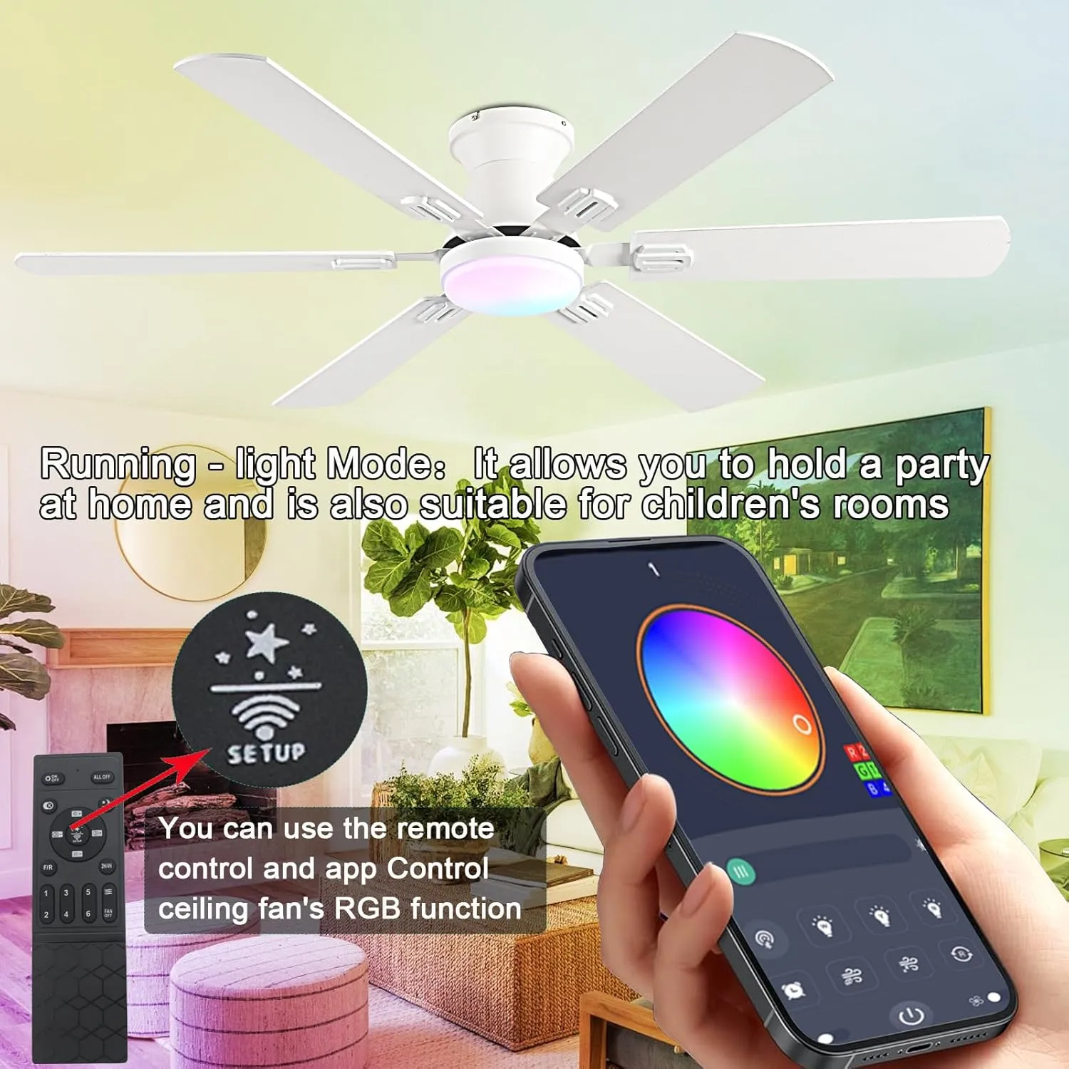 56" RGB Ceiling Fans with Lights - App & Remote Control, Quiet Reversible DC Motor, Flush Mount Double-sided Blades, 3CCT Dimmable, Smart Low Profile Ceiling Fan for Bedroom Kids roomWhite