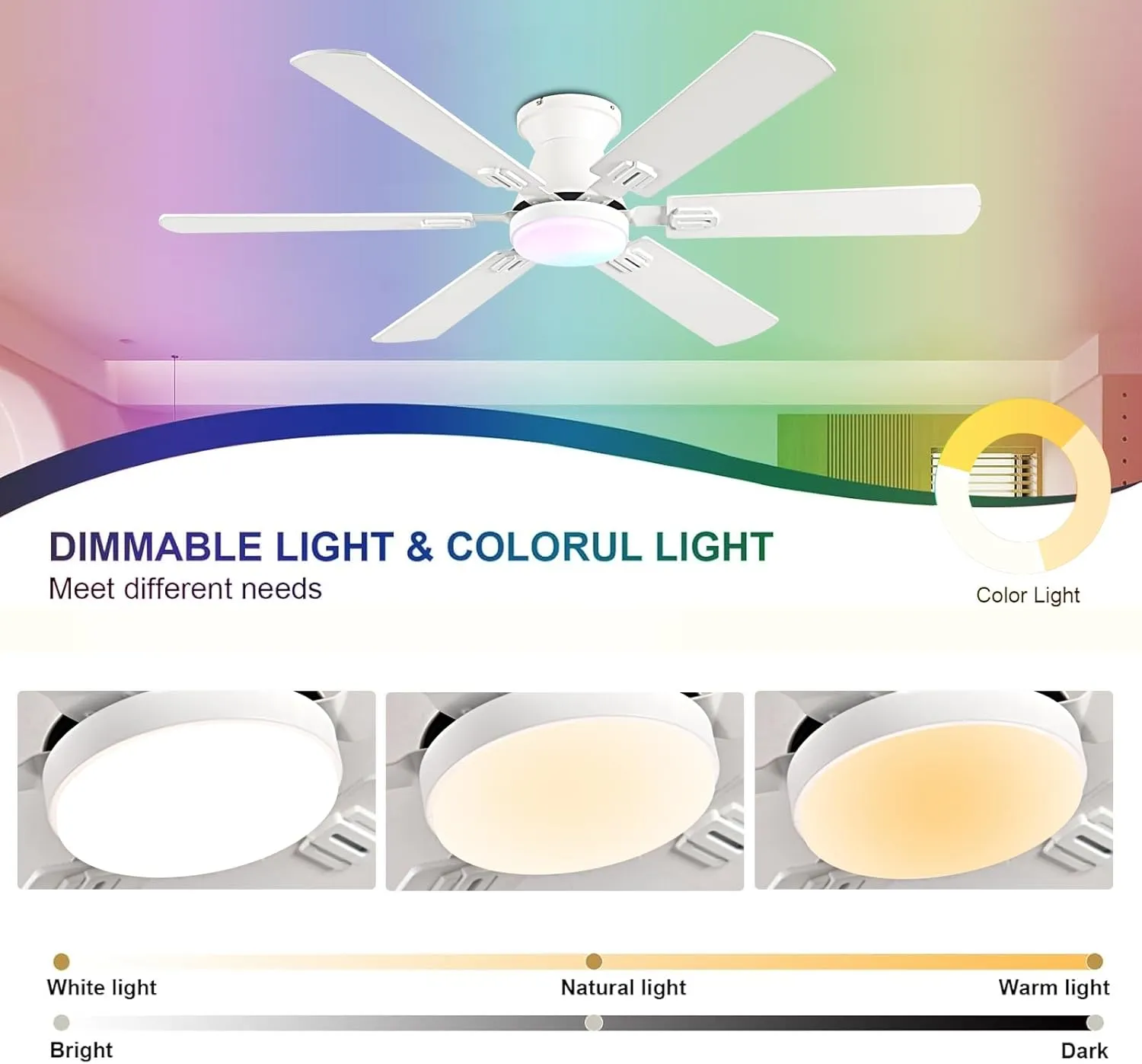 56" RGB Ceiling Fans with Lights - App & Remote Control, Quiet Reversible DC Motor, Flush Mount Double-sided Blades, 3CCT Dimmable, Smart Low Profile Ceiling Fan for Bedroom Kids roomWhite