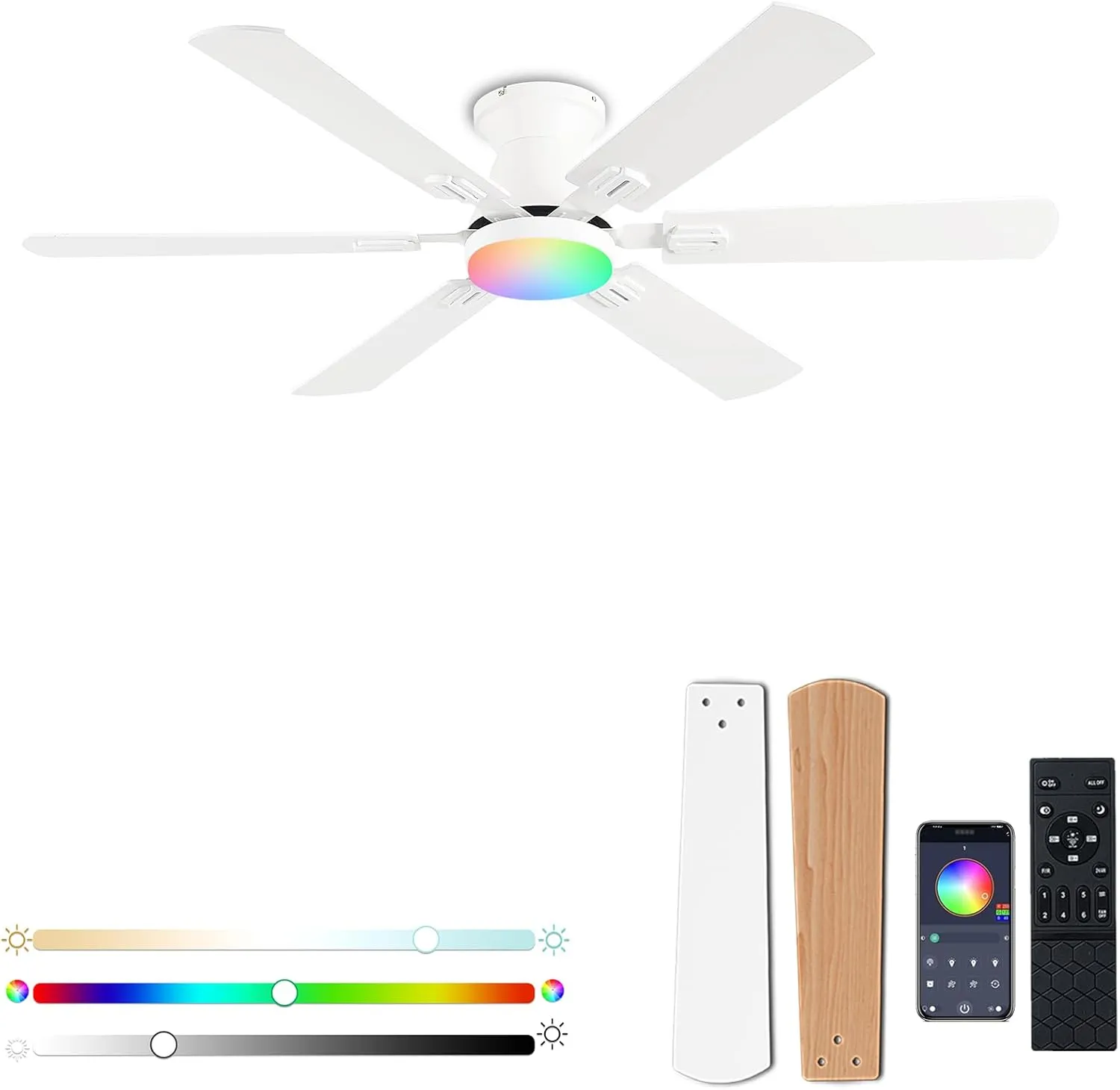 56" RGB Ceiling Fans with Lights - App & Remote Control, Quiet Reversible DC Motor, Flush Mount Double-sided Blades, 3CCT Dimmable, Smart Low Profile Ceiling Fan for Bedroom Kids roomWhite App-controlled remote fan for convenience