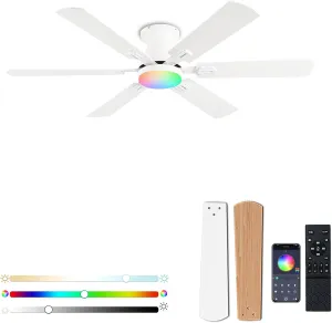 56" RGB Ceiling Fans with Lights - App & Remote Control, Quiet Reversible DC Motor, Flush Mount Double-sided Blades, 3CCT Dimmable, Smart Low Profile Ceiling Fan for Bedroom Kids roomWhite App-controlled remote fan for convenience
