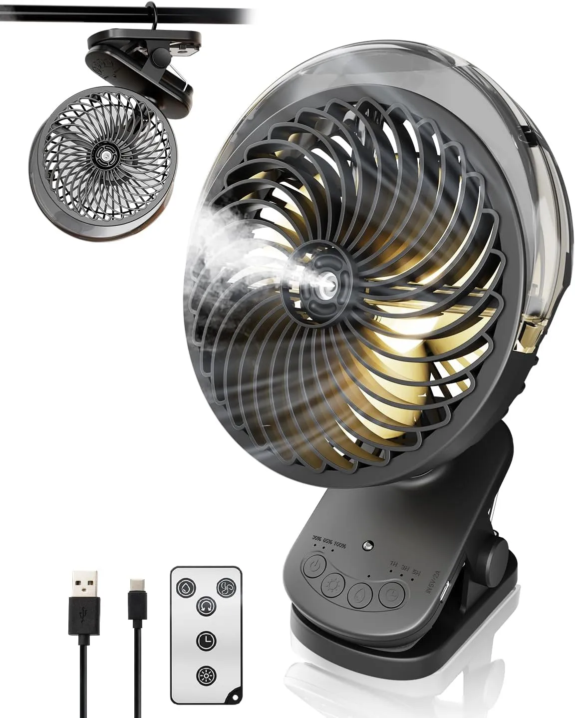 6 Clip on Fan with Mist & LED Light, 8000mAh Portable Rechargeable Battery Operated Desk Fan with Remote, 45Hrs Quiet Auto Oscillation Small USB Fan for Golf Cart, Tent, Treadmill, Black USB desktop fan for workspace