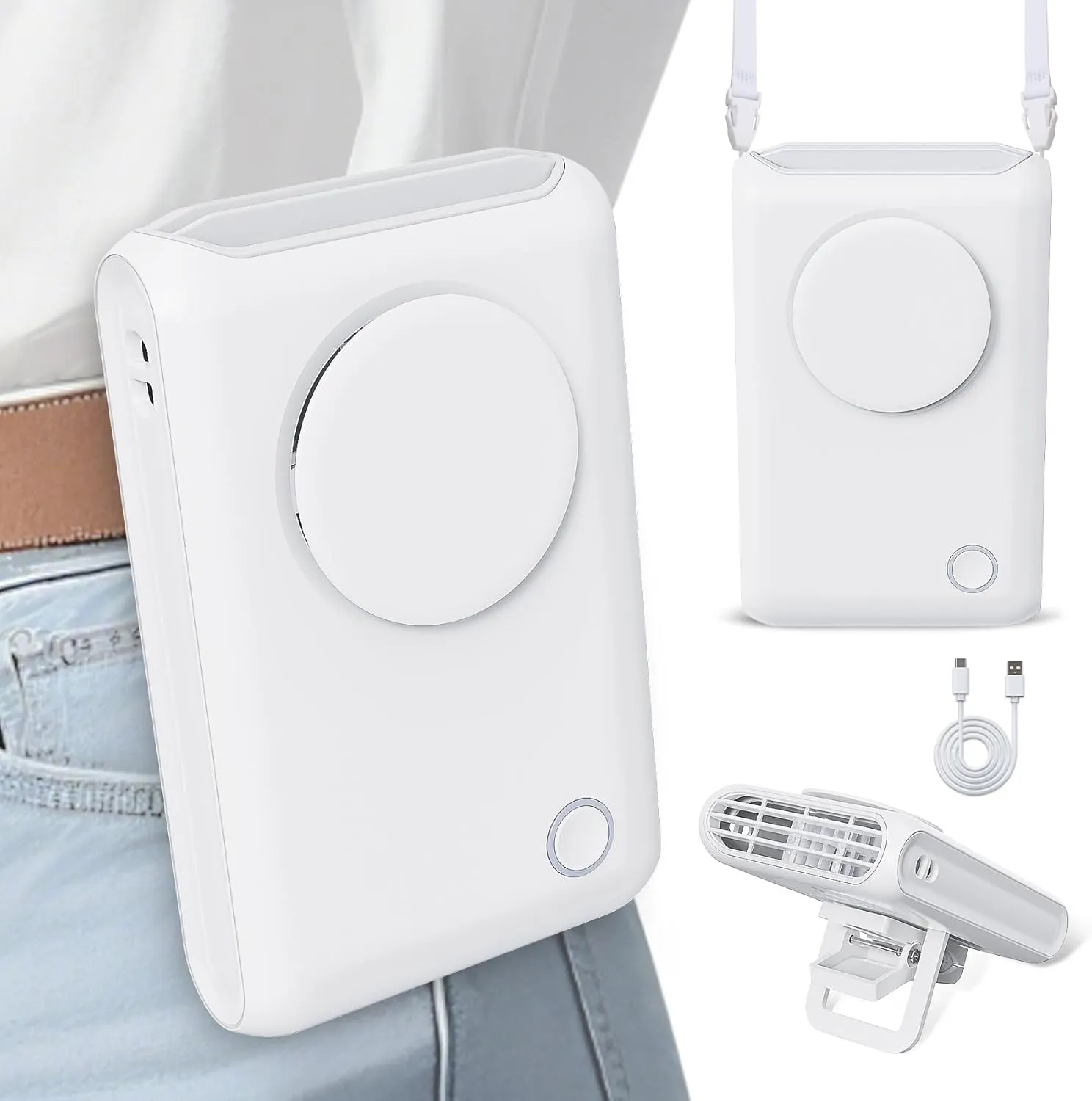 6-in-1 Mini Portable Waist Clip-On Fan Lightweight 4.59oz Cooling Personal Fan, Rechargeable Body Fans for Backpack, Umbrella, Neck&Belt, 3-Speed 20dB Ultra-Quiet Hands-Free Under Shirt (White) Waist-mounted portable fan for outdoor use