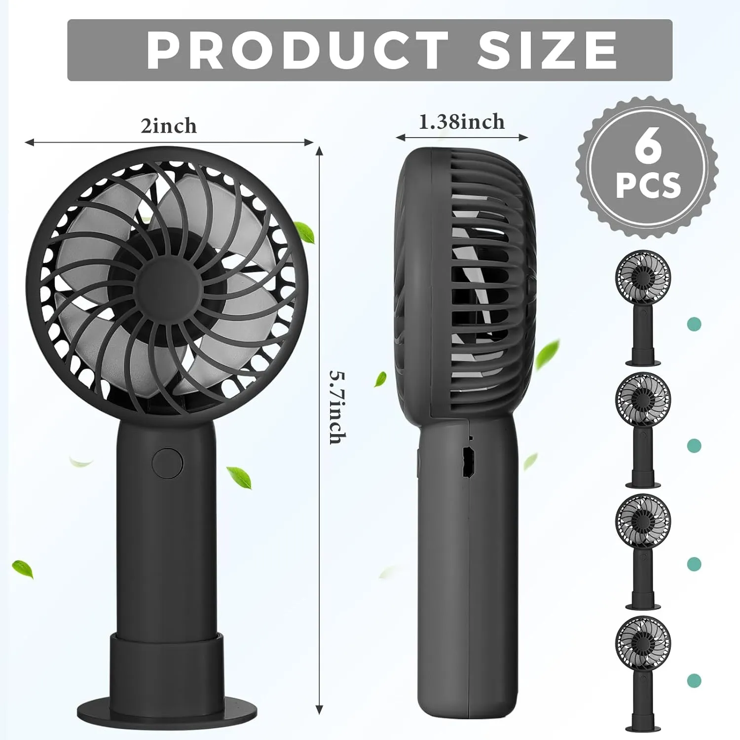 6 Pcs Mini Powerful Handheld Fan 3 Speed Personal Small Portable Rechargeable Fan with Base USB for Women Eyelash Makeup Office Travel Beach Indoor Outdoor (Black)