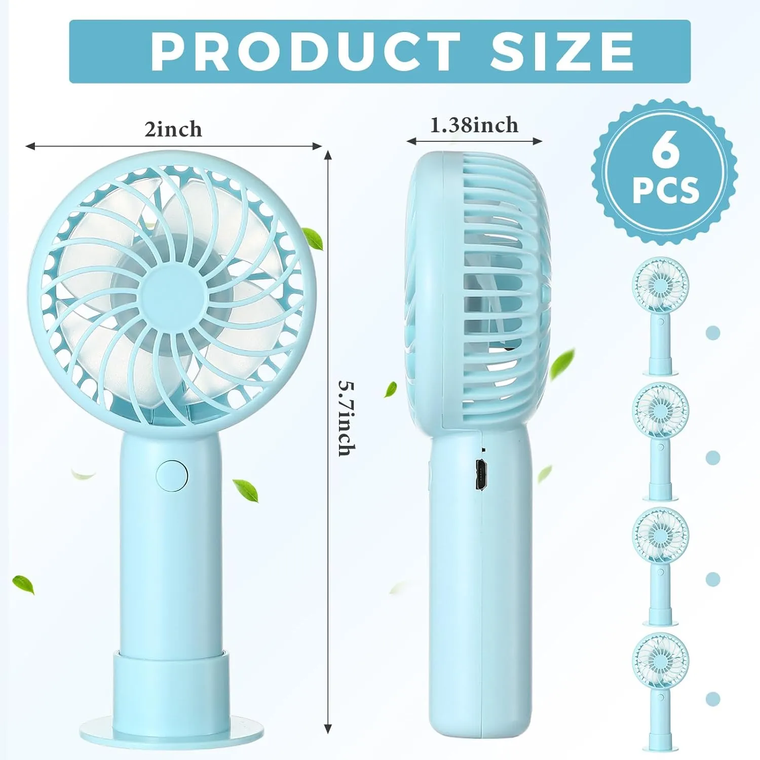 6 Pcs Mini Powerful Handheld Fan 3 Speed Personal Small Portable Rechargeable Fan with Base USB for Women Eyelash Makeup Office Travel Beach Indoor Outdoor (Blue)