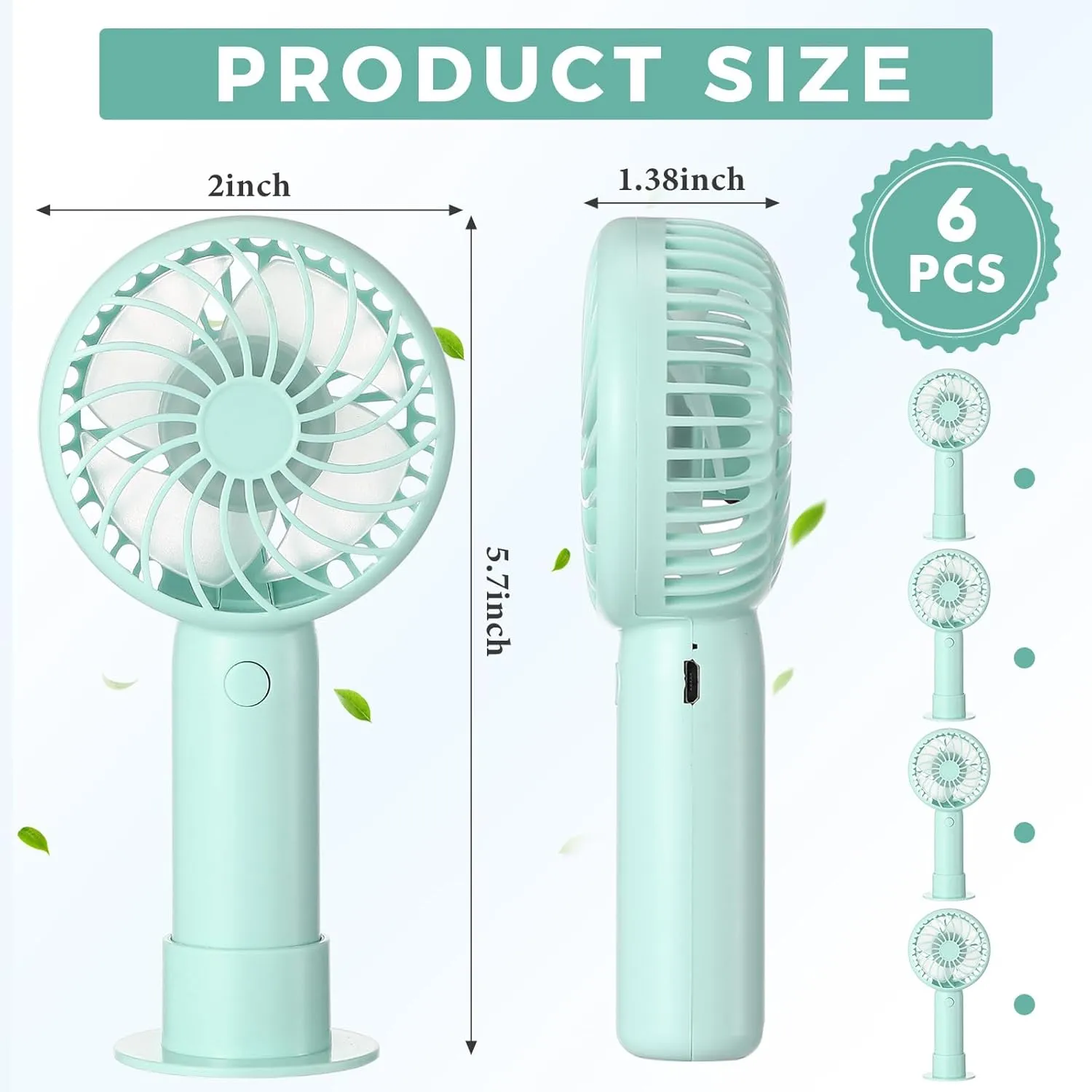 6 Pcs Mini Powerful Handheld Fan 3 Speed Personal Small Portable Rechargeable Fan with Base USB for Women Eyelash Makeup Office Travel Beach Indoor Outdoor (Green)