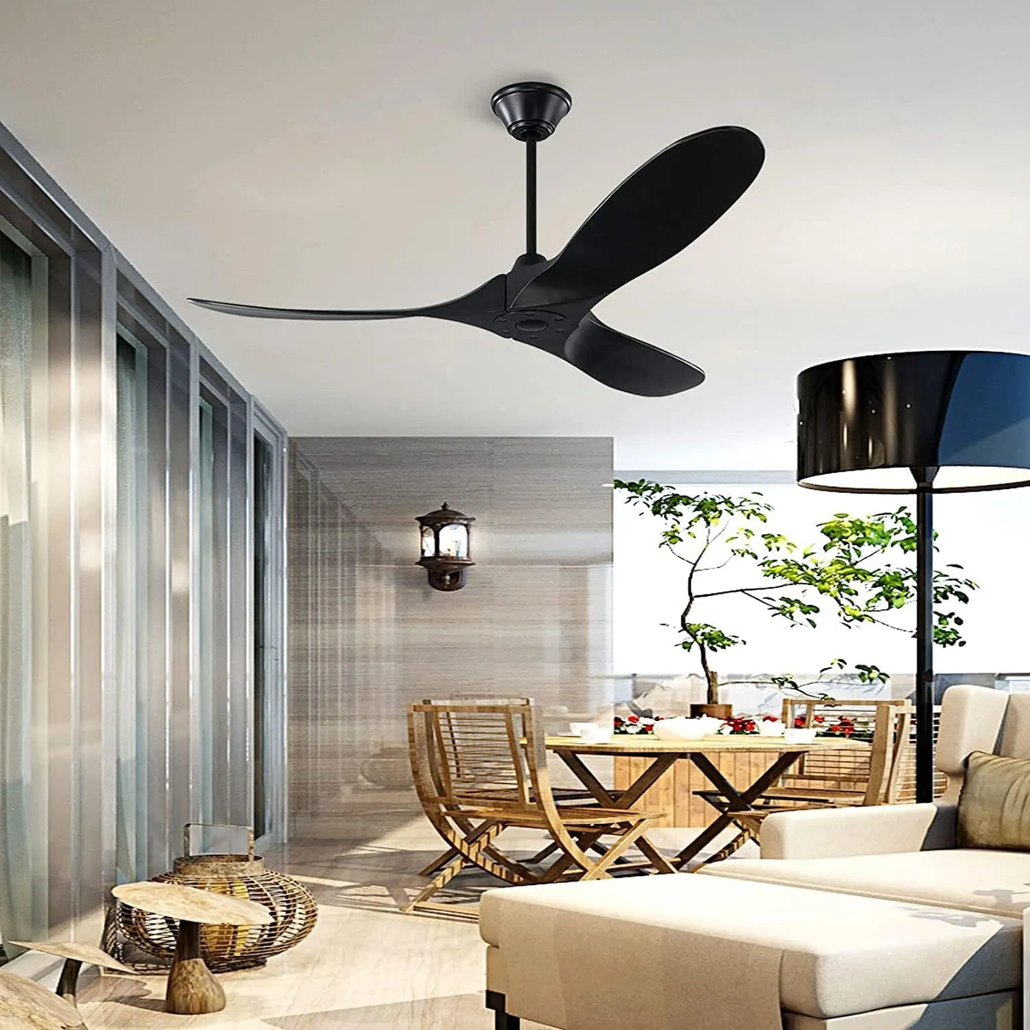 60 Inch Black Ceiling Fans No Light, Outdoor Ceiling Fans for Patios, Large Air Volume Propeller Ceiling Fan with Remote, Modern Wood Ceiling Fan 3 Blade for Indoor Gazebo Sloped Ceiling