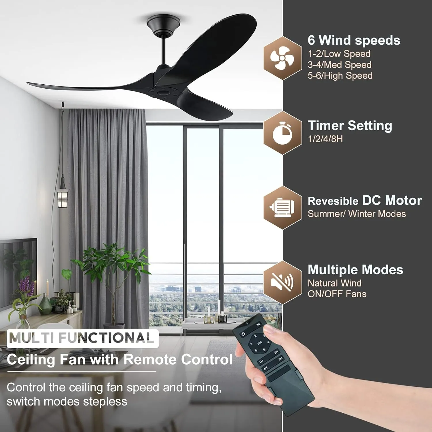 60 Inch Black Ceiling Fans No Light, Outdoor Ceiling Fans for Patios, Large Air Volume Propeller Ceiling Fan with Remote, Modern Wood Ceiling Fan 3 Blade for Indoor Gazebo Sloped Ceiling