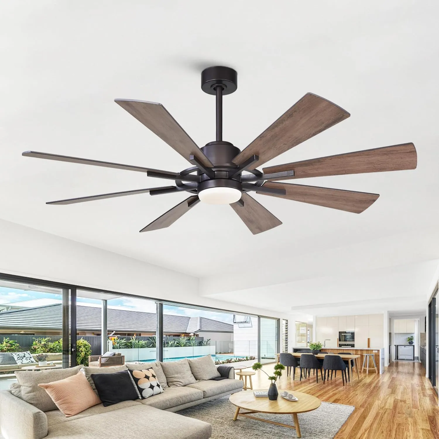 60 inch Ceiling Fans with Lights and Remote, Black Farmhouse Chandelier Fan, 8 Blades, Quiet DC Motor, Indoor/Outdoor ETL Large Ceiling Fan for Kitchen Living Room Garage, 3 CCT, 6 Speed, Timer Fan with safety blade design