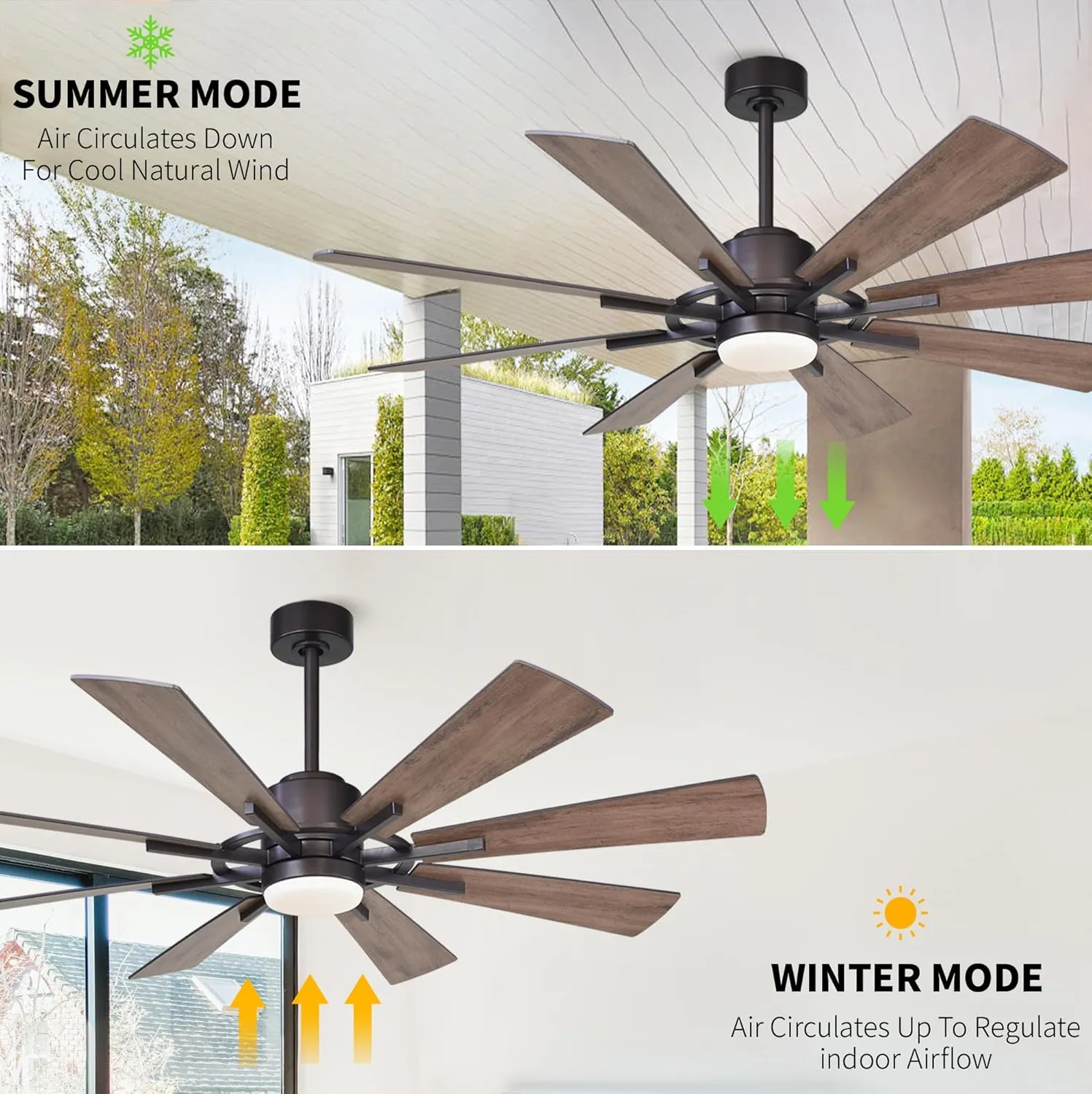 60 inch Ceiling Fans with Lights and Remote, Black Farmhouse Chandelier Fan, 8 Blades, Quiet DC Motor, Indoor/Outdoor ETL Large Ceiling Fan for Kitchen Living Room Garage, 3 CCT, 6 Speed, Timer