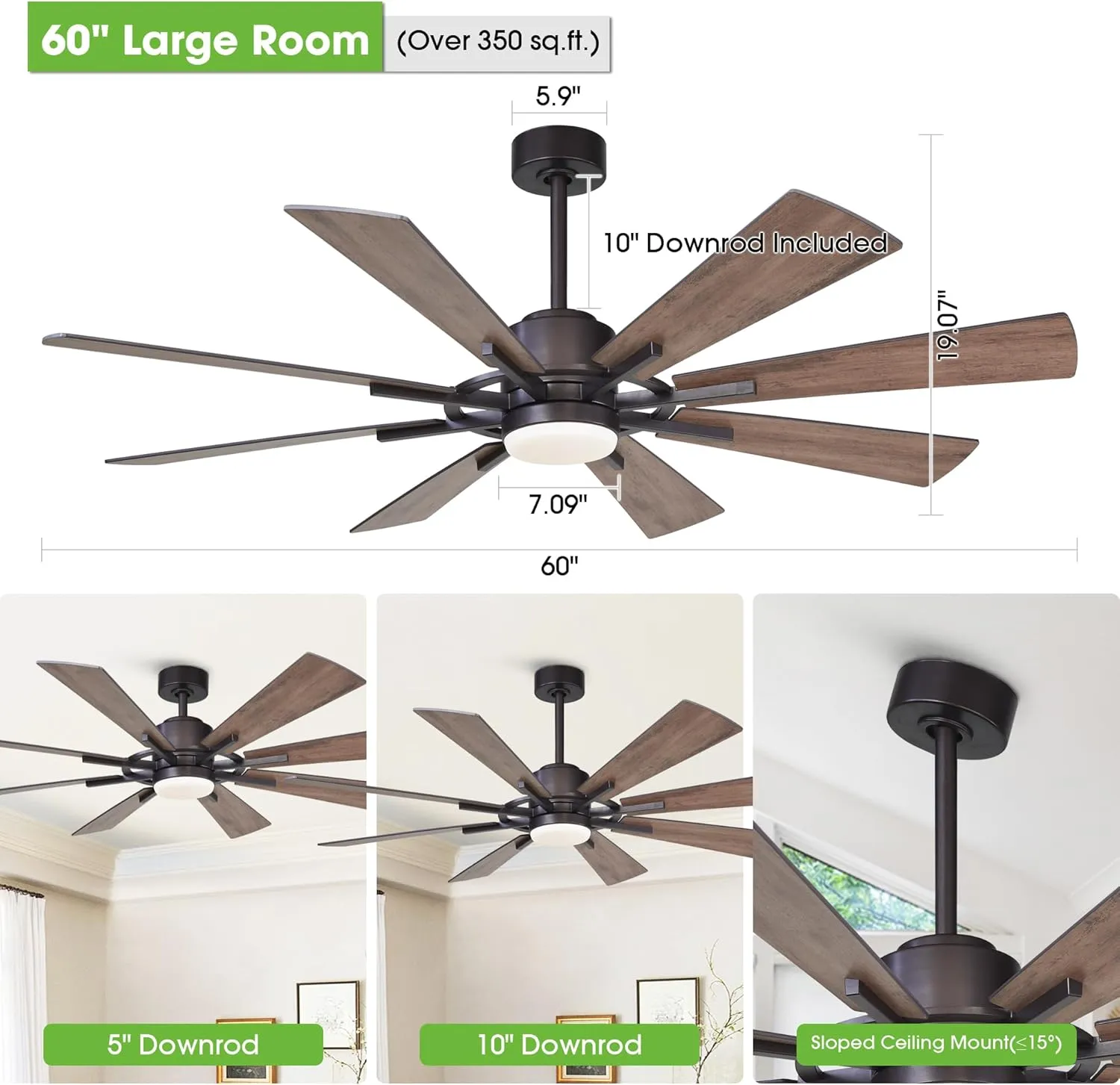 60 inch Ceiling Fans with Lights and Remote, Black Farmhouse Chandelier Fan, 8 Blades, Quiet DC Motor, Indoor/Outdoor ETL Large Ceiling Fan for Kitchen Living Room Garage, 3 CCT, 6 Speed, Timer