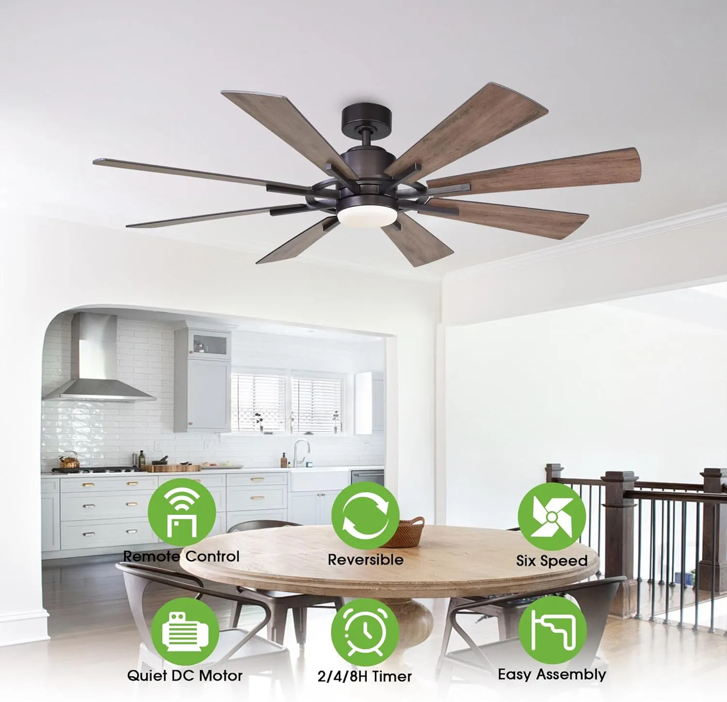 60 inch Ceiling Fans with Lights and Remote, Black Farmhouse Chandelier Fan, 8 Blades, Quiet DC Motor, Indoor/Outdoor ETL Large Ceiling Fan for Kitchen Living Room Garage, 3 CCT, 6 Speed, Timer