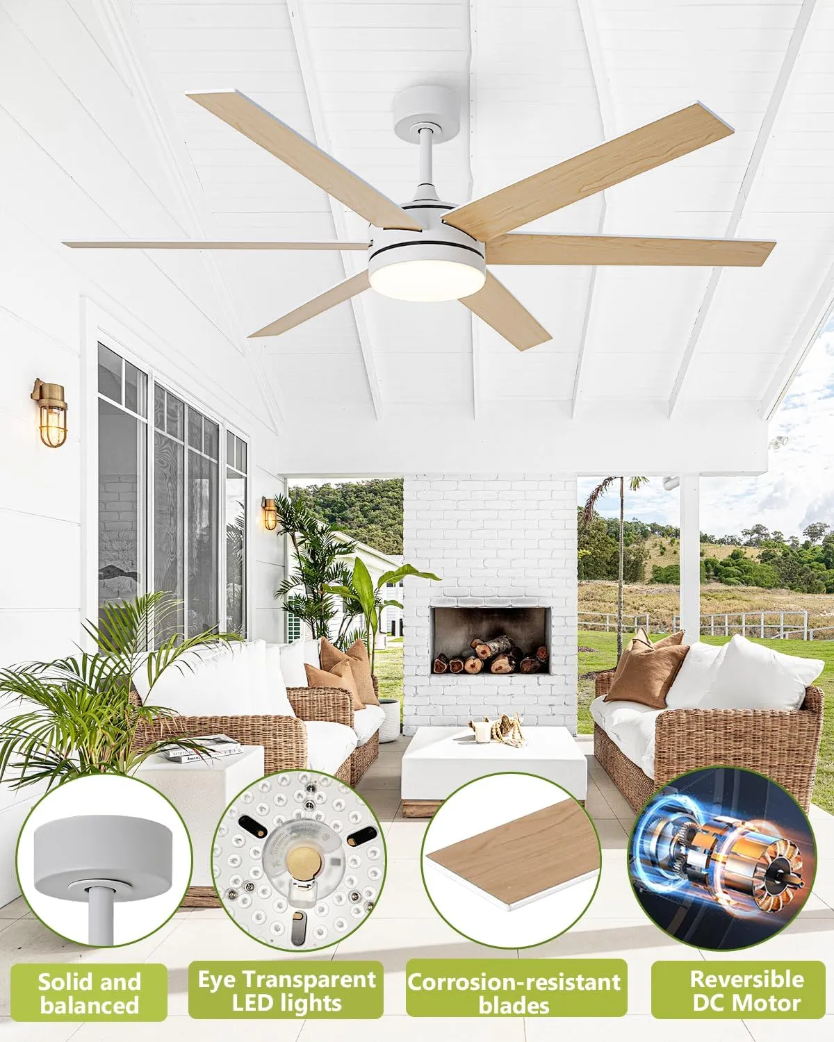 60 Inch Ceiling Fans with Lights and Remote, Indoor Outdoor Modern White Ceiling Fan with Light, Reversible DC Motor Dual-Sided Blades, 3CCT, Large Farmhouse Ceiling Fan for Living Room Bedroom