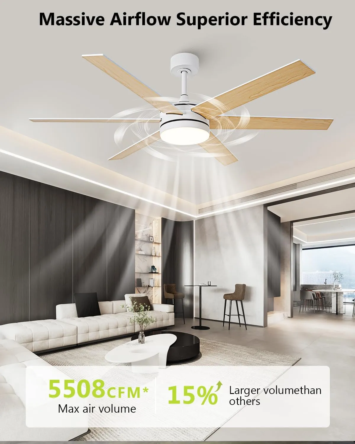 60 Inch Ceiling Fans with Lights and Remote, Indoor Outdoor Modern White Ceiling Fan with Light, Reversible DC Motor Dual-Sided Blades, 3CCT, Large Farmhouse Ceiling Fan for Living Room Bedroom
