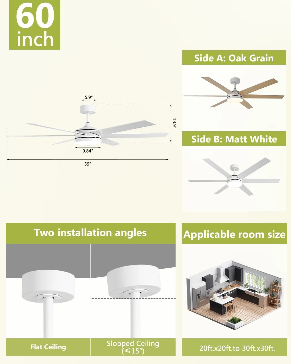 60 Inch Ceiling Fans with Lights and Remote, Indoor Outdoor Modern White Ceiling Fan with Light, Reversible DC Motor Dual-Sided Blades, 3CCT, Large Farmhouse Ceiling Fan for Living Room Bedroom