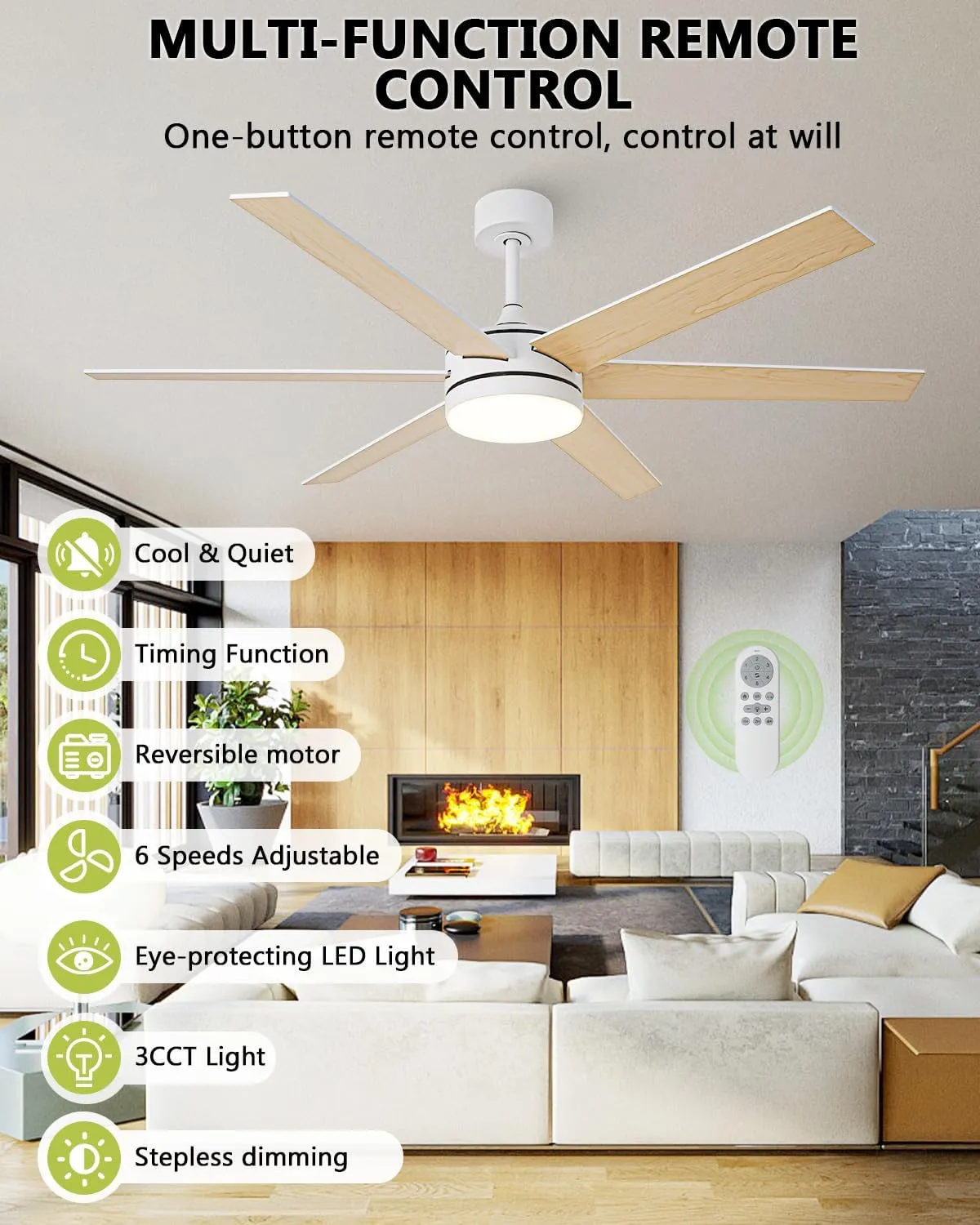 60 Inch Ceiling Fans with Lights and Remote, Indoor Outdoor Modern White Ceiling Fan with Light, Reversible DC Motor Dual-Sided Blades, 3CCT, Large Farmhouse Ceiling Fan for Living Room Bedroom